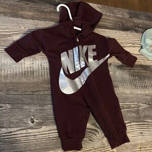 Like New Nike Kids Maroon hooded romper with Metallic Logo